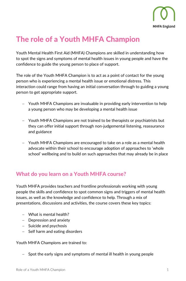 The role of a Youth MHFA Champion