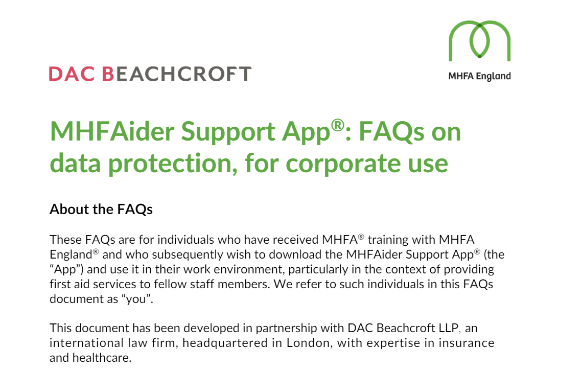 MHFAider Support App®: FAQs on data protection, for corporate use