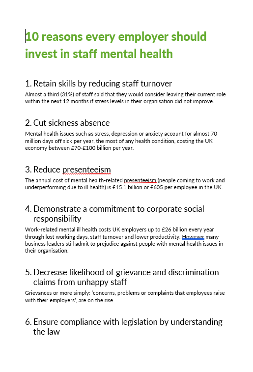 Poster - 10 Reasons for Employers to Invest in Staff Mental Health text only